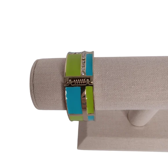 VINTAGE ENAMEL HINGED BANGLE BRACELET PLAID COLOR BLOCK DESIGN‎    GREEN & BLUE - Picture 4 of 8